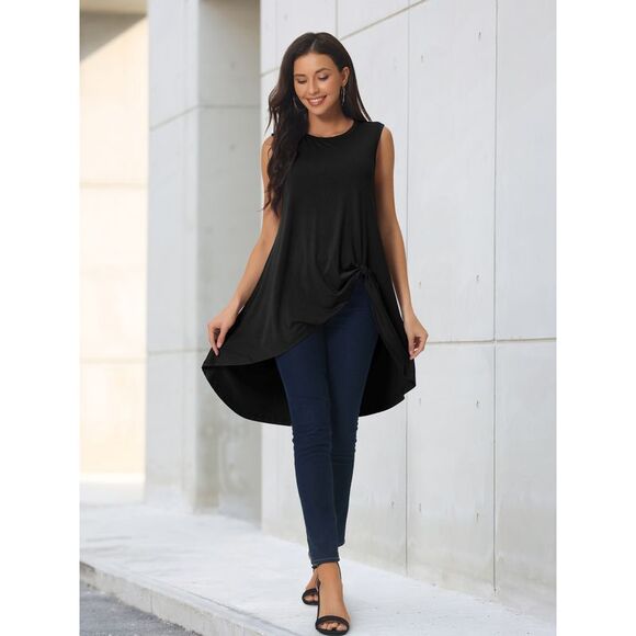 High Low Hem Tops Sleeveless Tunic Top Crewneck Dressy Casual Shirts Black - Picture 5 of 6